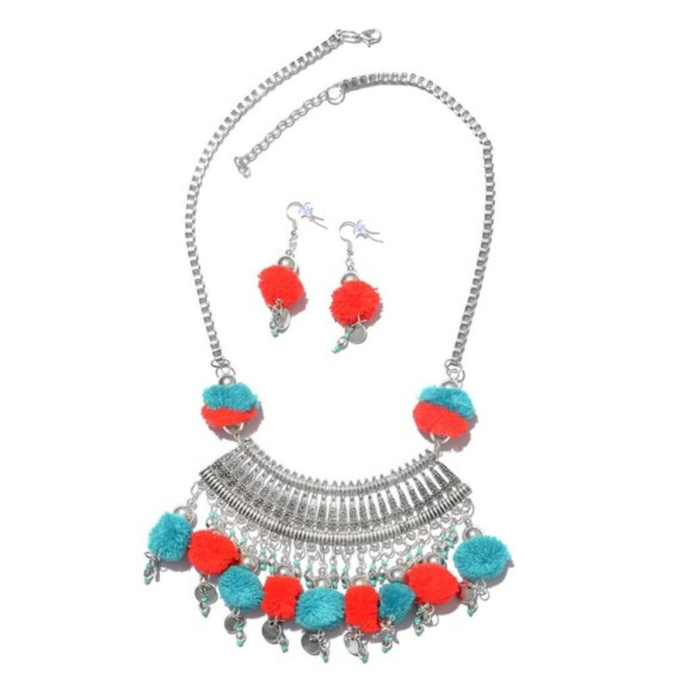 Boho Style Earrings and Necklace Set Handcrafted Red and Teal Pom Pom Charms Bib